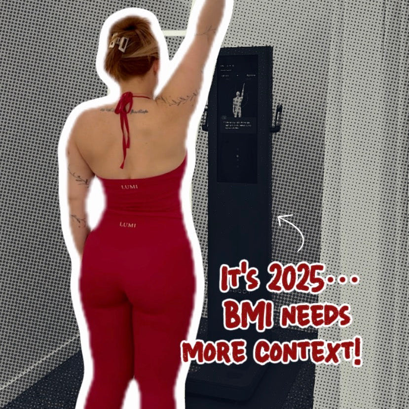 Person in red outfit standing in front of a BMI  VISBODY machine with humorous text overlay.